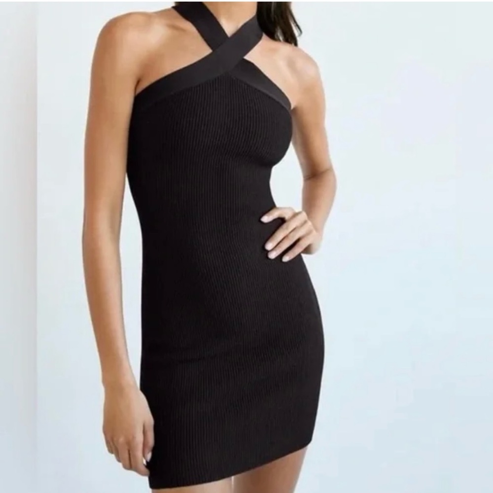Babaton Sculpt Knit Criss Cross Black Dress, Size XS